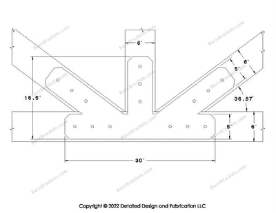 Fan Brackets for 6 inch beams - 5 inch Large offset bottom joint - Chamfered - Centered style holes - BarnBrackets.com