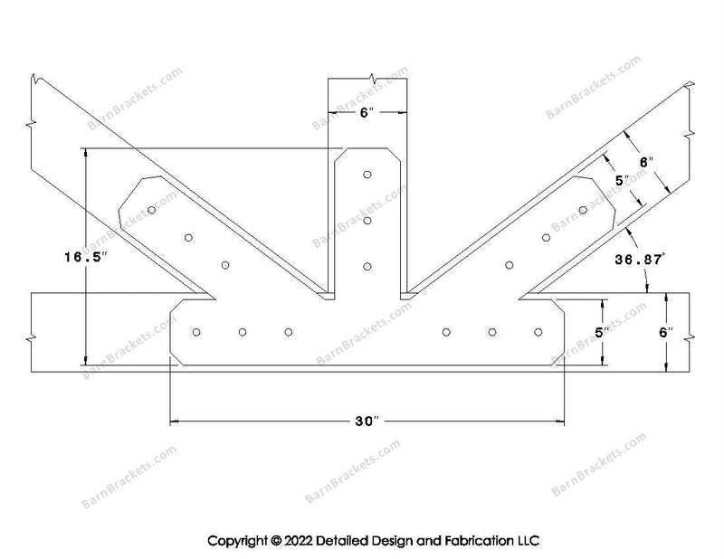 Fan Brackets for 6 inch beams - 5 inch Large offset bottom joint - Chamfered - Centered style holes - BarnBrackets.com