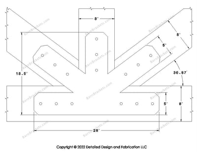 Fan Brackets for 8 inch beams - 5 inch Large centered joint - Chamfered - Centered style holes - BarnBrackets.com