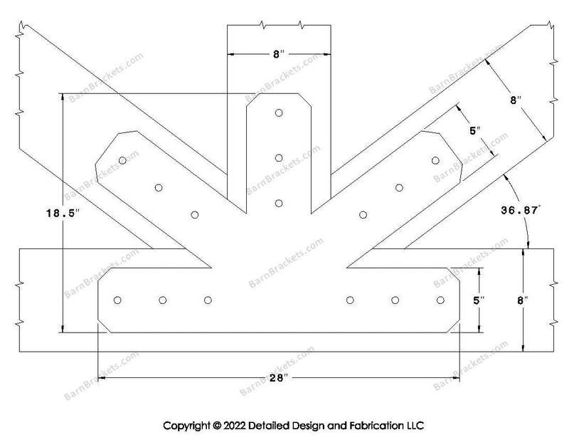 Fan Brackets for 8 inch beams - 5 inch Large centered joint - Chamfered - Centered style holes - BarnBrackets.com