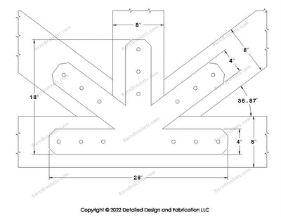 Fan Brackets for 8 inch beams - 4 inch Large centered joint - Chamfered - Centered style holes - BarnBrackets.com