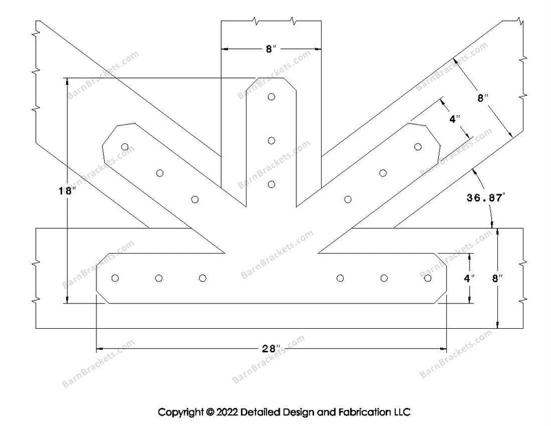 Fan Brackets for 8 inch beams - 4 inch Large centered joint - Chamfered - Centered style holes - BarnBrackets.com