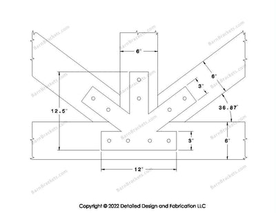 Fan Brackets for 6 inch beams - 3 inch Regular centered joint - Square - Centered style holes - BarnBrackets.com