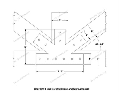 Fan Brackets for 6 inch beams - 4 inch Regular centered joint - Square - Centered style holes - BarnBrackets.com