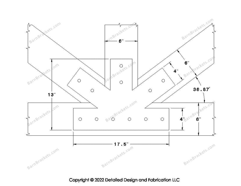 Fan Brackets for 6 inch beams - 4 inch Regular centered joint - Square - Centered style holes - BarnBrackets.com