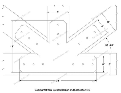 Fan Brackets for 8 inch beams - 6 inch Large centered joint - Chamfered - Centered style holes - BarnBrackets.com