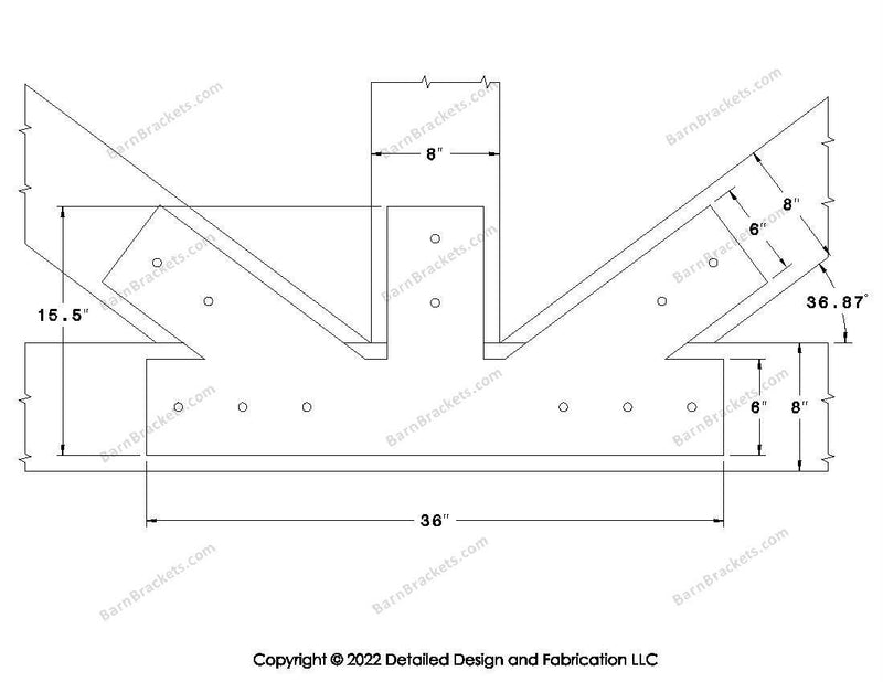 Fan Brackets for 8 inch beams - 6 inch Regular offset bottom joint - Square - Centered style holes - BarnBrackets.com