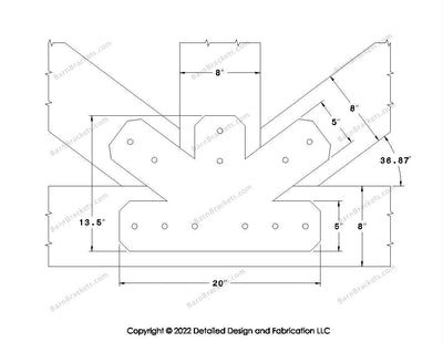 Fan Brackets for 8 inch beams - 5 inch Regular centered joint - Chamfered - Centered style holes - BarnBrackets.com