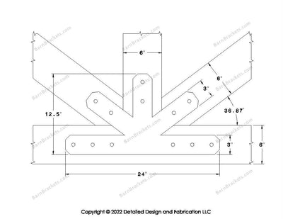 Fan Brackets for 6 inch beams - 3 inch Wide centered joint - Chamfered - Centered style holes - BarnBrackets.com