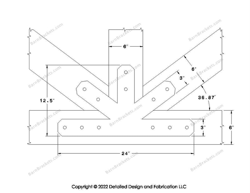 Fan Brackets for 6 inch beams - 3 inch Wide centered joint - Chamfered - Centered style holes - BarnBrackets.com