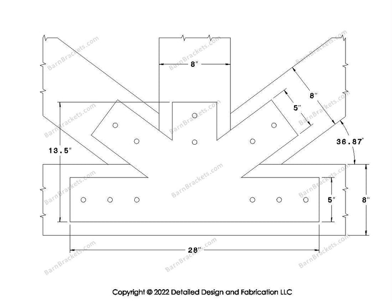 Fan Brackets for 8 inch beams - 5 inch Wide centered joint - Square - Centered style holes - BarnBrackets.com