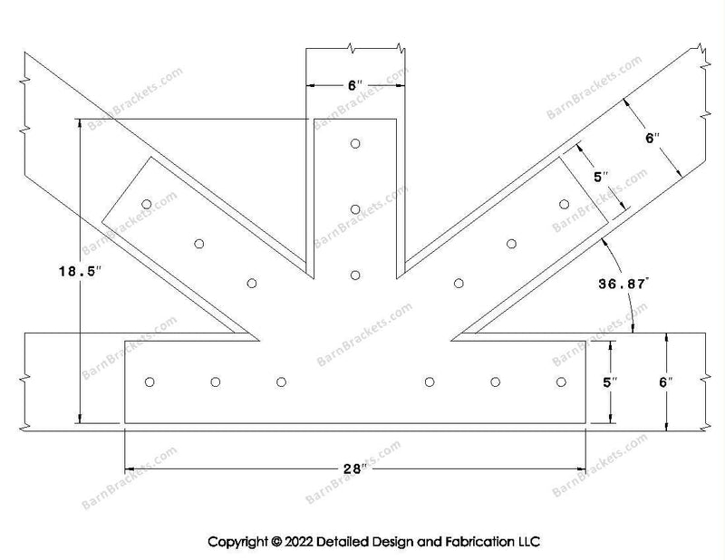 Fan Brackets for 6 inch beams - 5 inch Large centered joint - Square - Centered style holes - BarnBrackets.com