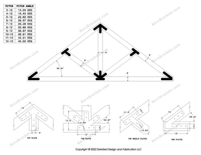 Steel timber truss bracket set for a 9/12 pitch roof.