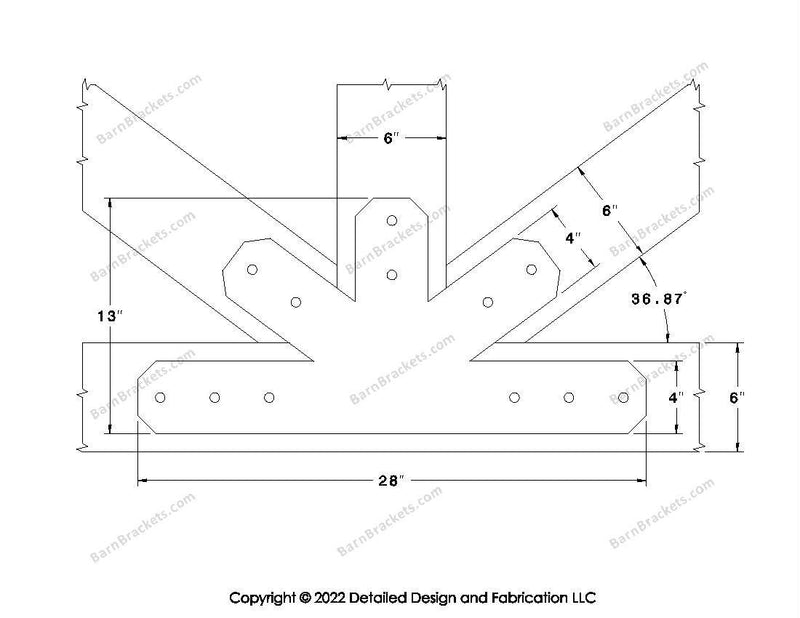 Fan Brackets for 6 inch beams - 4 inch Wide centered joint - Chamfered - Centered style holes - BarnBrackets.com