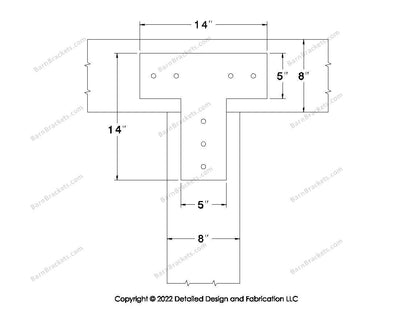 T shaped Brackets for 8 inch beams - Square - Centered style holes - BarnBrackets.com