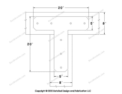 T shaped Brackets for 8 inch beams - Chamfered - Centered style holes - BarnBrackets.com