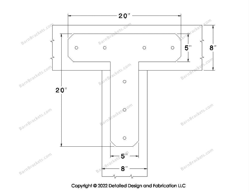 T shaped Brackets for 8 inch beams - Chamfered - Centered style holes - BarnBrackets.com