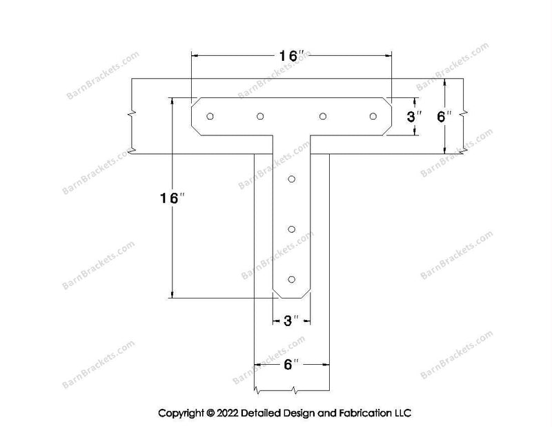 T shaped Brackets for 6 inch beams - Chamfered - Centered style holes - BarnBrackets.com