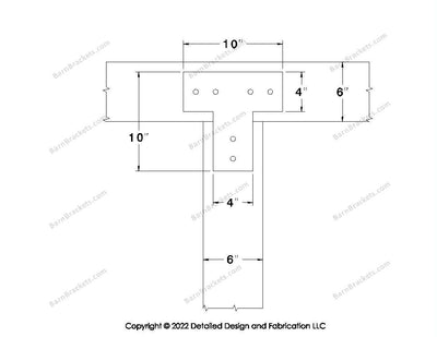 T shaped Brackets for 6 inch beams - Square - Centered style holes - BarnBrackets.com