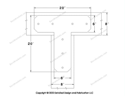 T shaped Brackets for 8 inch beams - Chamfered - Centered style holes - BarnBrackets.com