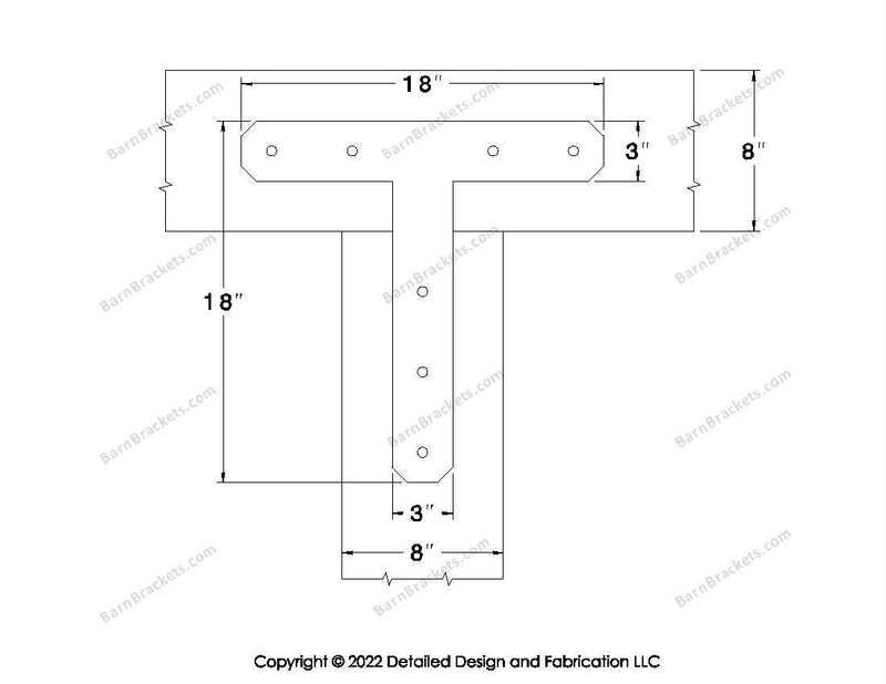 T shaped Brackets for 8 inch beams - Chamfered - Centered style holes - BarnBrackets.com