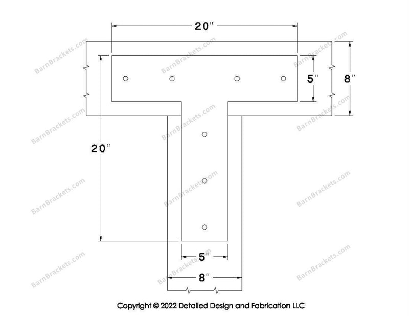 T shaped Brackets for 8 inch beams - Square - Centered style holes - BarnBrackets.com