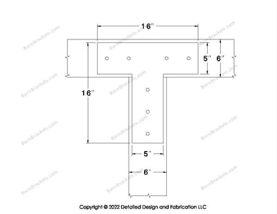 T shaped Brackets for 6 inch beams - Square - Centered style holes - BarnBrackets.com