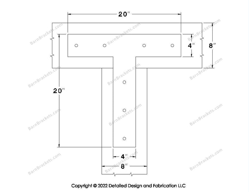 T shaped Brackets for 8 inch beams - Square - Centered style holes - BarnBrackets.com