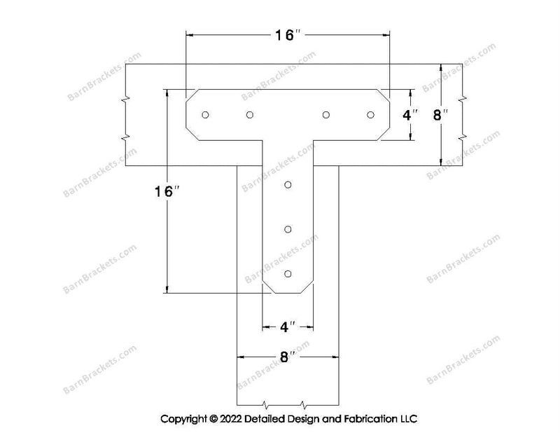 T shaped Brackets for 8 inch beams - Chamfered - Centered style holes - BarnBrackets.com