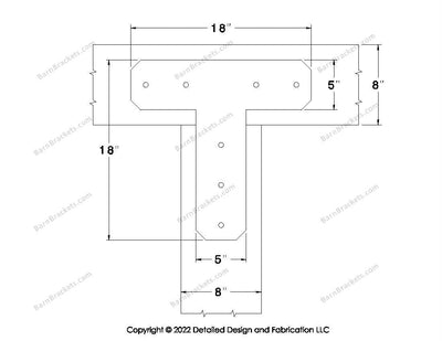 T shaped Brackets for 8 inch beams - Chamfered - Centered style holes - BarnBrackets.com