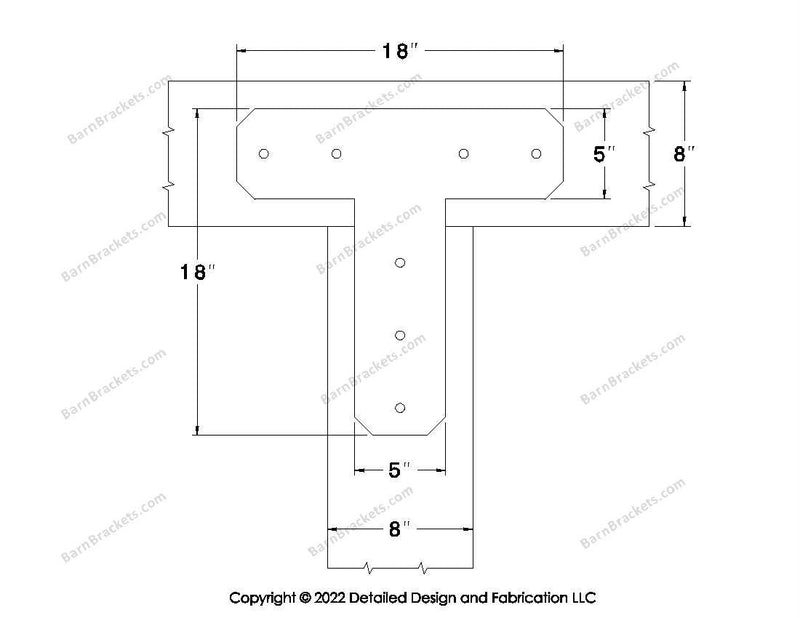 T shaped Brackets for 8 inch beams - Chamfered - Centered style holes - BarnBrackets.com