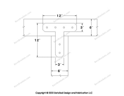 T shaped Brackets for 6 inch beams - Chamfered - Centered style holes - BarnBrackets.com