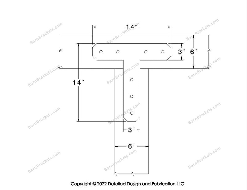 T shaped Brackets for 6 inch beams - Chamfered - Centered style holes - BarnBrackets.com