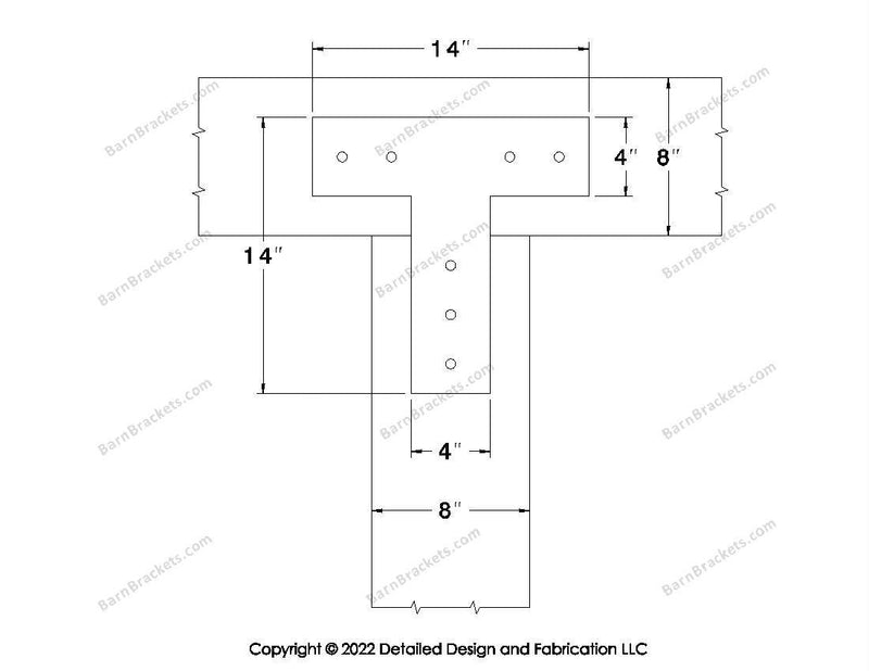 T shaped Brackets for 8 inch beams - Square - Centered style holes - BarnBrackets.com