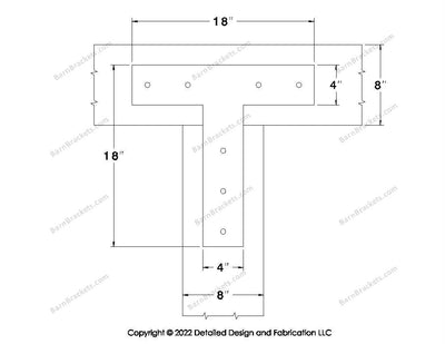 T shaped Brackets for 8 inch beams - Square - Centered style holes - BarnBrackets.com