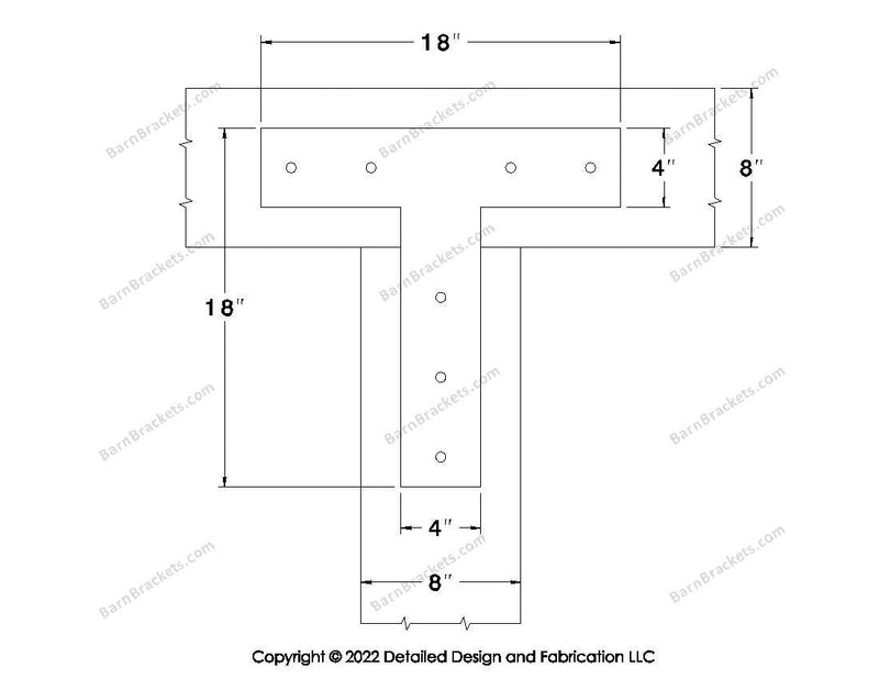 T shaped Brackets for 8 inch beams - Square - Centered style holes - BarnBrackets.com