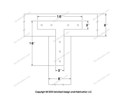 T shaped Brackets for 8 inch beams - Square - Centered style holes - BarnBrackets.com