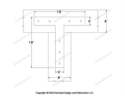 T shaped Brackets for 8 inch beams - Square - Centered style holes - BarnBrackets.com