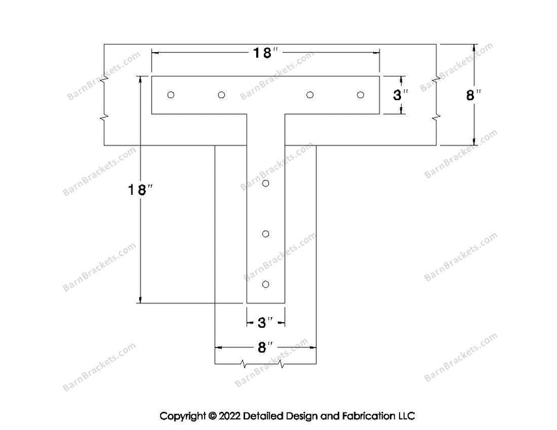 T shaped Brackets for 8 inch beams - Square - Centered style holes - BarnBrackets.com