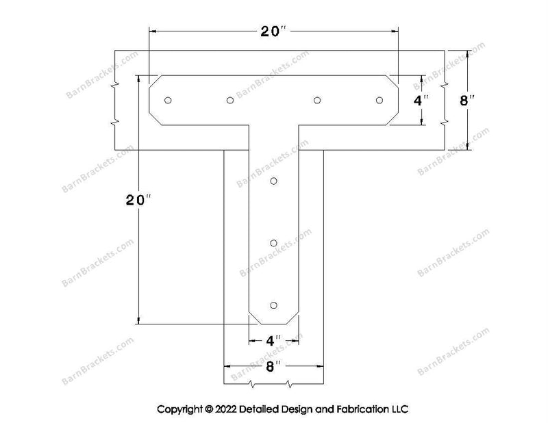 T shaped Brackets for 8 inch beams - Chamfered - Centered style holes - BarnBrackets.com