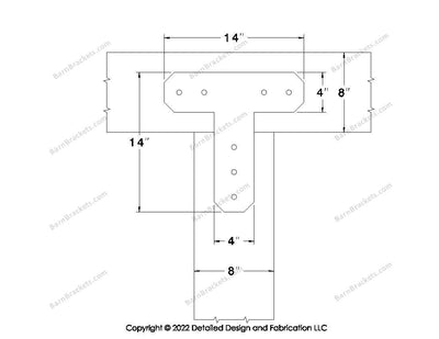 T shaped Brackets for 8 inch beams - Chamfered - Centered style holes - BarnBrackets.com