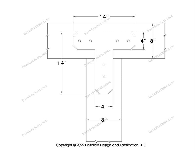 T shaped Brackets for 8 inch beams - Chamfered - Centered style holes - BarnBrackets.com