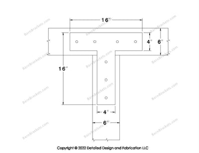 T shaped Brackets for 6 inch beams - Square - Centered style holes - BarnBrackets.com