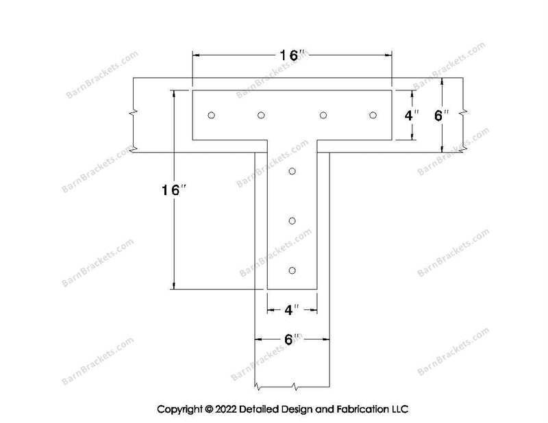 T shaped Brackets for 6 inch beams - Square - Centered style holes - BarnBrackets.com