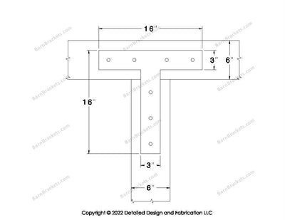 T shaped Brackets for 6 inch beams - Square - Centered style holes - BarnBrackets.com