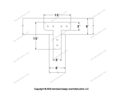 T shaped Brackets for 6 inch beams - Chamfered - Centered style holes - BarnBrackets.com