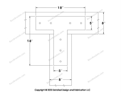 T shaped Brackets for 8 inch beams - Square - Centered style holes - BarnBrackets.com