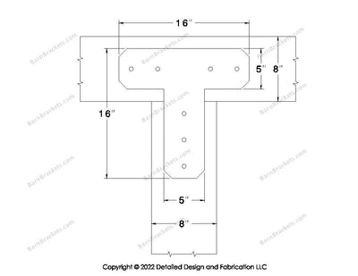 T shaped Brackets for 8 inch beams - Chamfered - Centered style holes - BarnBrackets.com