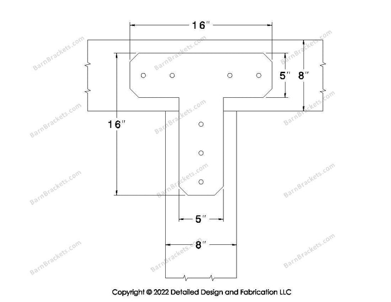 T shaped Brackets for 8 inch beams - Chamfered - Centered style holes - BarnBrackets.com