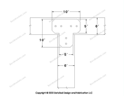 T shaped Brackets for 6 inch beams - Chamfered - Centered style holes - BarnBrackets.com